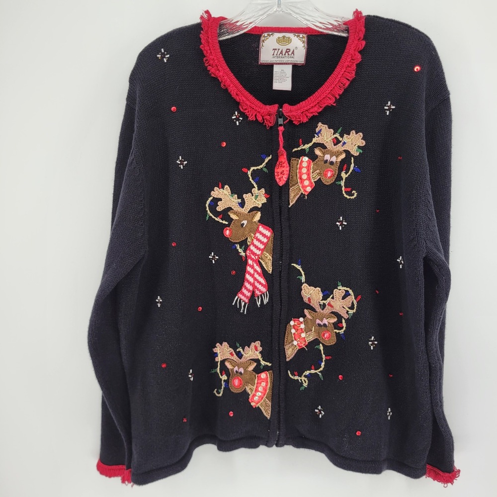 Vintage Tiara International Reindeer Christmas Cardigan Zip Front Black Red XL